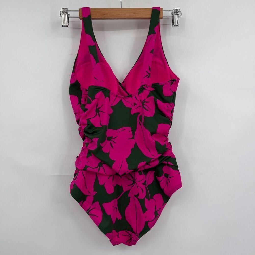 Boden One Piece Swimsuit US 6R Pink Green Floral Ruched V Neck Tummy Control - Picture 3 of 6
